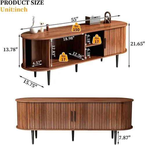 Miniatura 2 de Soporte de TV acanalado moderno de mediados de siglo, soporte de TV de nogal para TV de 55 pulgadas, centro de entretenimiento de madera con puertas