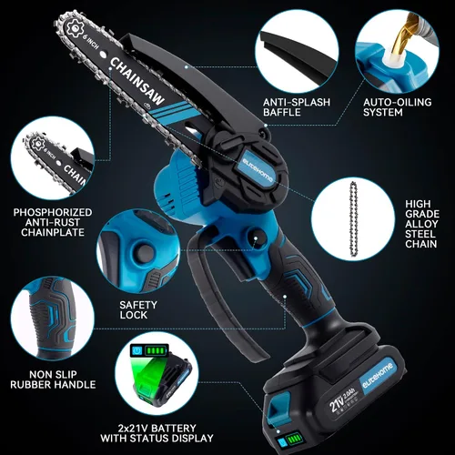 Miniatura 10 de EliteHome Mini Motosierra Inalámbrica de 6 Pulgadas con 2 Baterías, Motosierra Eléctrica Portátil de Mano, Motosierra Pequeña Alimentada por Batería