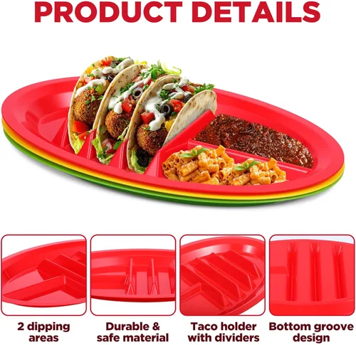 Miniatura 3 de Paquete de 12 platos coloridos de plástico para tacos, soporte reutilizable para tacos con divisores para 3 tacos y 2 áreas de inmersión, sin BPA