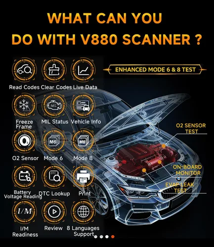 Miniatura 3 de Escáner OBD2, V880 - Lector de código de coche con luz de control del motor con reinicio, datos gráficos en vivo 4 en 1, prueba de smog I/M, escáner