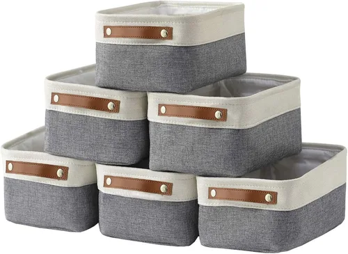 Miniatura 25 de HNZIGE Cestas organizadoras grandes de tela (3 unidades), canastas decorativas plegables con asas de cuero (crema, 15 x 11 x 9.5 pulgadas)