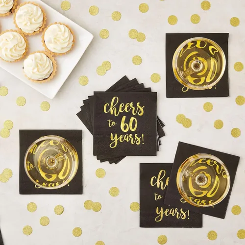 Miniatura 2 de BLUE PANDA Servilletas de cóctel con texto en inglés «Cheers to 60 Years» – Servilletas de fiesta de 60 cumpleaños – Decoración de 60 aniversario