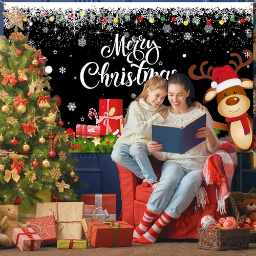 Miniatura 7 de Irenare Pancarta de Navidad telón de fondo de Papá Noel, reno y Feliz Navidad, cartel interior para Navidad, fiesta de vacaciones, cabina de fotos