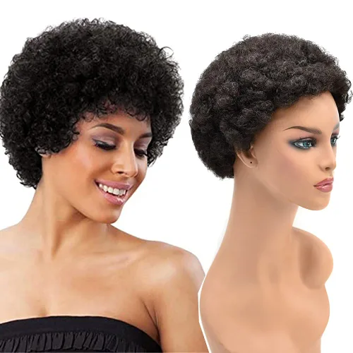 Pelucas afro para mujeres negras, sin pegamento, cabello humano corto, rizado, esponjoso, hechas a máquina, ligera, peluca completa de cabello de