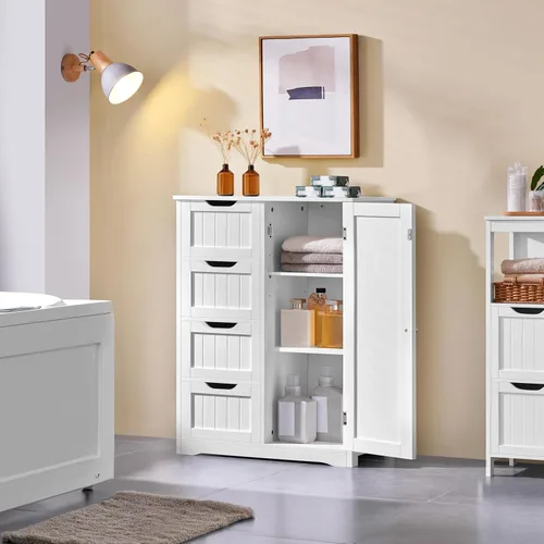 Miniatura 9 de Yaheetech Armario organizador de madera para el suelo del baño/lateral con 4 cajones y 1 armario, unidad de almacenamiento de entrada independiente