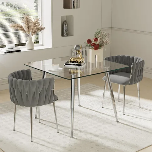 Miniatura 13 de Juego de mesa de comedor de cristal plateado para 2, juego de mesa cuadrada de lujo moderno de 36 pulgadas, juego de mesa de cocina minimalista de 3