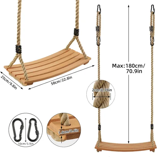 Miniatura 5 de PELLOR Columpio de madera colgante, columpios de árbol para adultos/niños con carga de 440 libras, asiento curvado de columpios de 22.8" x 9.8" x