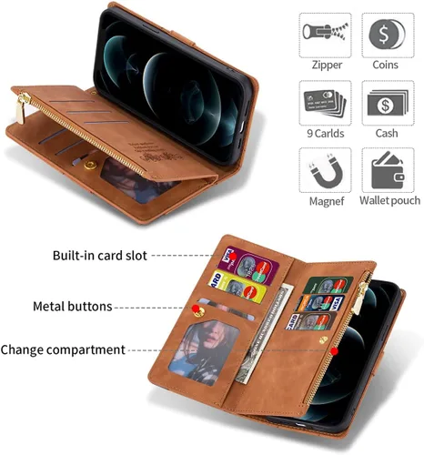 Miniatura 4 de UEEBAI Funda tipo cartera para iPhone 12 Mini de 5.4 pulgadas, retro 9 ranuras para tarjetero, bolsillo con cremallera, cierre magnético, función