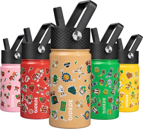 Miniatura 25 de BJPKPK Botella de agua aislada con tapa con pajilla, bonitas botellas de agua de 15 onzas, termo de metal de acero inoxidable, vasos reutilizables