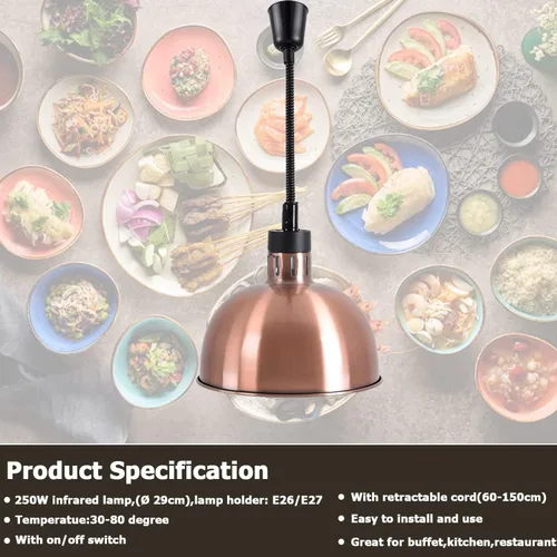 Miniatura 2 de Lámpara colgante de calor para alimentos, calentador infrarrojo, luz de calefacción para freír 250 W con cable retráctil (diámetro 11.4 in cobre))