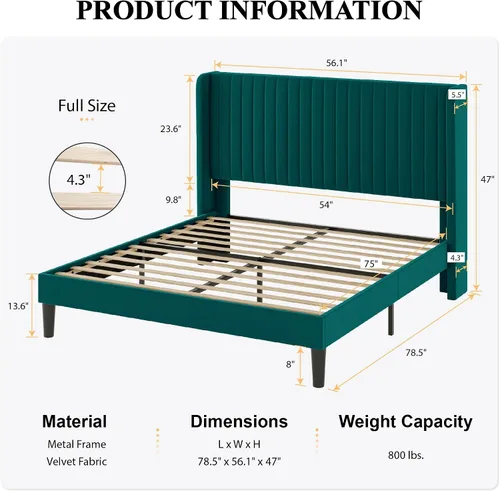 Miniatura 2 de SHA CERLIN Marco de cama de terciopelo tamaño completo con cabecera de respaldo alto con capitoné de canales verticales, cama plataforma tapizada