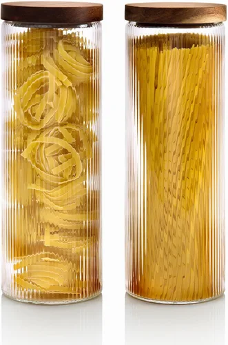 Miniatura 13 de Mason & Fable Tarro de vidrio acanalado, apilable y hermético, tapa de madera, recipiente de almacenamiento para galletas, golosinas, té o azúcar