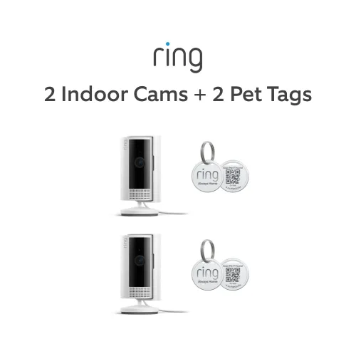 Dos cámaras para interiores Ring (2.ª generación) blancas, con dos identificadores de mascota Ring Blanco