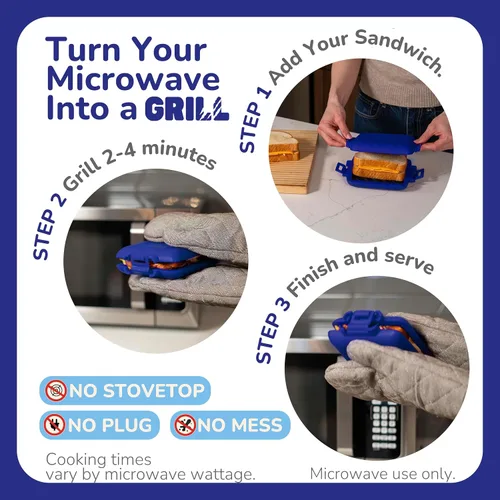 Miniatura 3 de Sandwichera clásica para microondas, parrilla para microondas, tostadora, sándwiches de queso a la parrilla de 3 minutos, cubierta de silicona Azul