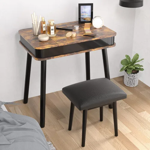 Miniatura 6 de Tiamo Escritorio retro de madera con espejo, luces, silla y cajones, juego de mesa de maquillaje y taburete de 32 pulgadas en marrón