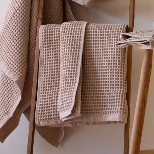Miniatura 5 de PÜSKÜL - Paquete de 2 toallas de baño y spa de punto gofre, 100% algodón orgánico turco de alta calidad, fina de secado rápido, fabricadas en Beige