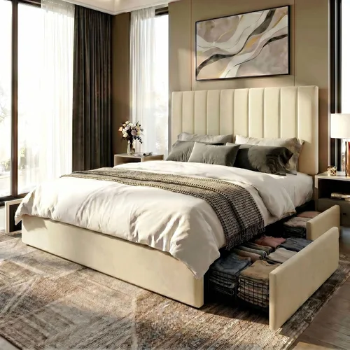Miniatura 13 de SHA CERLIN Base de cama de plataforma tamaño matrimonial con 4 cajones de almacenamiento, cabecera acolchada vertical con diseño acanalado