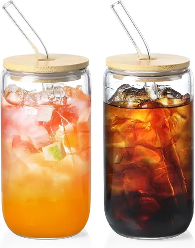 Paquete de 2 vasos de vidrio con tapas y pajitas de bambú de 16 onzas, regalos para mujeres, juego de vasos para beber, café helado, taza de té,