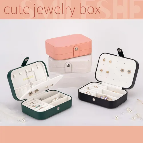 Miniatura 5 de Smileshe Joyero, estuche de viaje portátil pequeño de piel sintética, organizador de 2 capas, cajas de almacenamiento para anillos, aretes