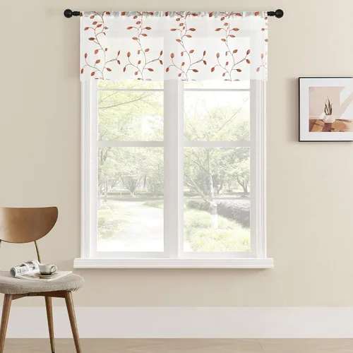 Miniatura 21 de MRTREES Cenefa de cortina transparente de Navidad, 2 paneles de cortinas bordadas con hojas pequeñas de 54 x 16 pulgadas, bolsillo para barra