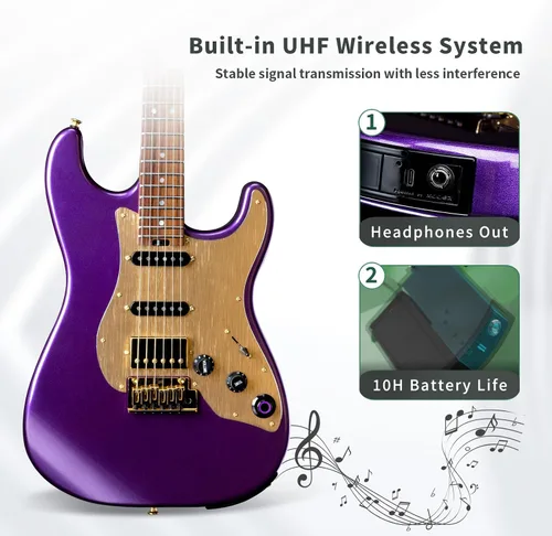Miniatura 5 de GTRS Kit de guitarra eléctrica inteligente S900 con transmisor inalámbrico UHF, sistema inteligente de guitarra de práctica con 126 tipos de Púrpura