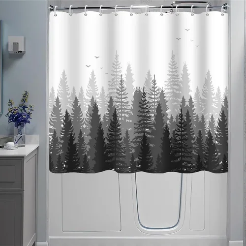 Miniatura 17 de Cortina de Ducha y Ventana, Cortina Verde y Gris de Bosque Pequeña y Corta Impermeable para Baño con Ganchos, 30x36 Pulgadas