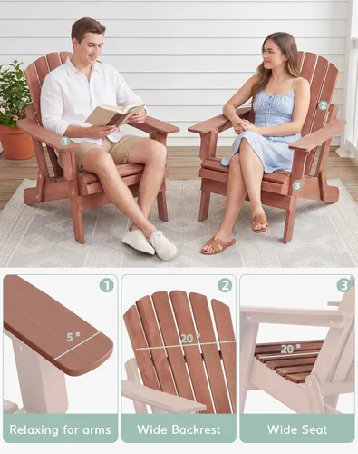 Miniatura 6 de Silla Adirondack plegable de madera de gran tamaño con respaldo y tablero de asiento premontados, silla de descanso para patio al aire libre, Marrón