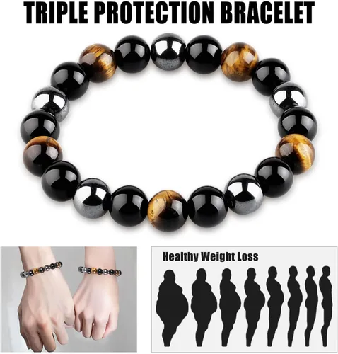 Miniatura 3 de HOZEAL Pulsera de triple protección, brazalete de obsidiana negra con ojo de tigre y hematita para hombres y mujeres para traer suerte