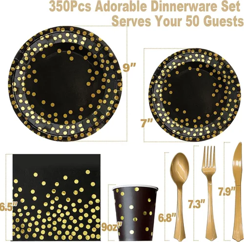 Miniatura 2 de AIRE 350 PIEZAS Platos de Papel Negros y Dorados Suministros de Fiesta para 50 Invitados Decoraciones de Fiesta Vajilla Desechable Platos de Papel