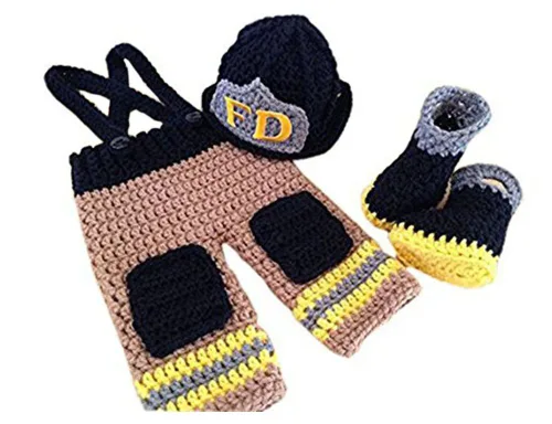 Pinbo Bebé Fotografía Prop Crochet Punto Bombero Bombero Sombrero Pantalones Zapatos