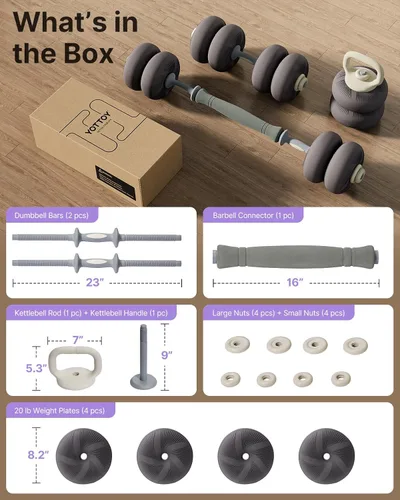 Miniatura 7 de YOTTOY Juego de mancuernas ajustables 3 en 1, pesas rusas de 20 a 40 libras con platos suaves, juego de pesas de gimnasio en casa para entrenamiento
