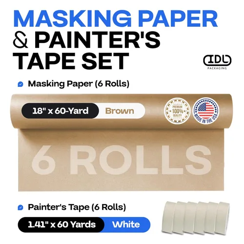 Miniatura 2 de IDL Packaging Juego de papel de enmascaramiento y cinta, papel marrón de 18 pulgadas x 60 yardas (6 rollos) y cinta blanca de 1.41 pulgadas x 60