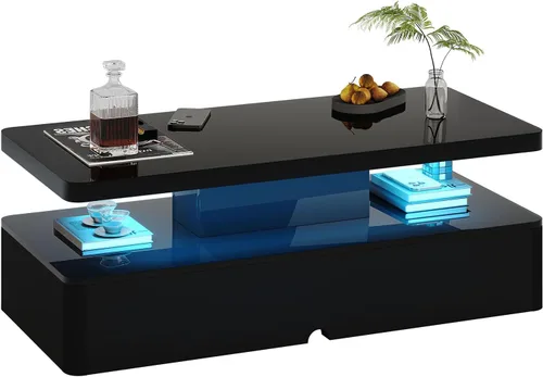 Miniatura 8 de MXV - Mesa de café moderna, mesas de café de 40 pulgadas con luces LED de 16 colores, mesa central rectangular de 2 niveles, gran espacio de 40