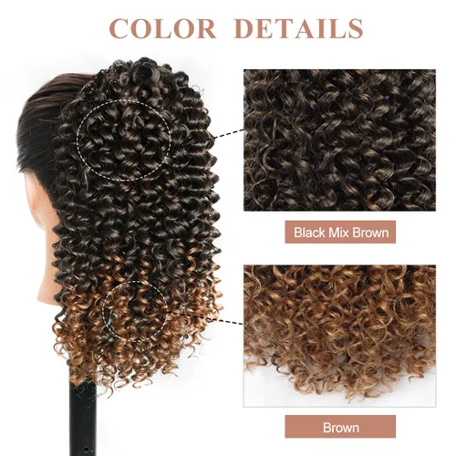 Miniatura 4 de Halcyon Extensión de cola de caballo rizada para mujeres negras, extensiones de cabello rizado con cordón, mezcla de color marrón T1B/30.