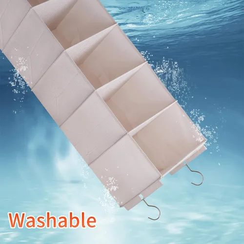 Miniatura 6 de Organizador colgante grande de suéter para armario, estantes colgantes plegables de 6 estantes con cajones, lavable (beige, 6 estantes)