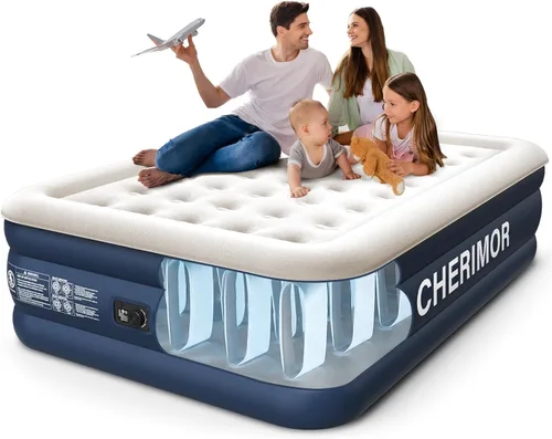 CHERIMOR Colchón de aire queen con bomba incorporada, altura elevada de 18", probado para fugas durante 48 horas, soporte de bobina de nido de