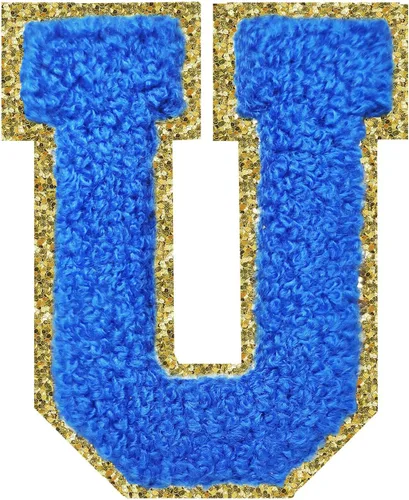 Miniatura 26 de Parches de letras termo-adhesivas de felpilla para chaquetas, parches de letras universitarias con brillantina para planchar en la letra azul A
