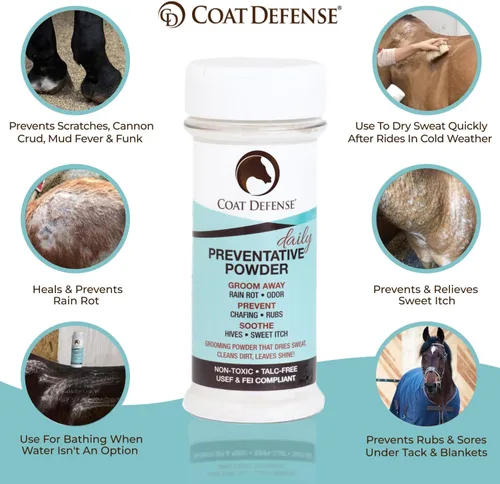 Miniatura 2 de Coat Defense Polvo preventivo diario y tratamiento de pudrición por lluvia para caballos Picazón dulce equino seguro y eficaz, piel funk, arañazos