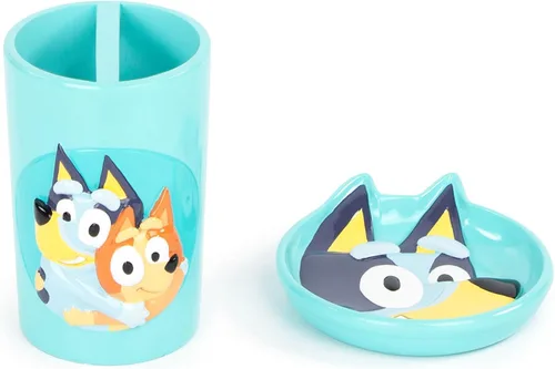 Juego de baño Bluey de 2 piezas - Juego de jabonera azul y soporte para cepillo de dientes - Accesorios de baño de resina Bluey y Bingo para niños