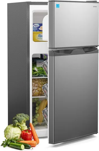 Upstreman Mini refrigerador de 3.1 pies cúbicos con congelador, refrigerador pequeño de doble puerta, termostato ajustable, mini refrigerador de