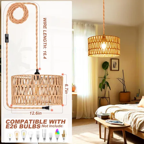 Miniatura 4 de Lámpara colgante enchufable, luces colgantes de ratán con cable de enchufe, lámpara colgante hecha a mano enchufable, accesorios de iluminación