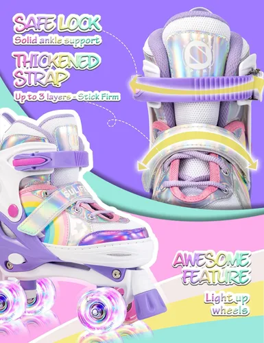 Miniatura 7 de SULIFEEL Patines ajustables Rainbow Unicorn para niñas, tamaño mediano y SULIFEEL para niños, talla S