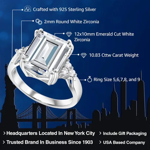 Miniatura 16 de Gem Stone King Anillo de compromiso con piedra natal de 5-10 quilates para mujer, plata de ley 925, corte esmeralda de 0.47 x 0.394 pulgadas, anillo