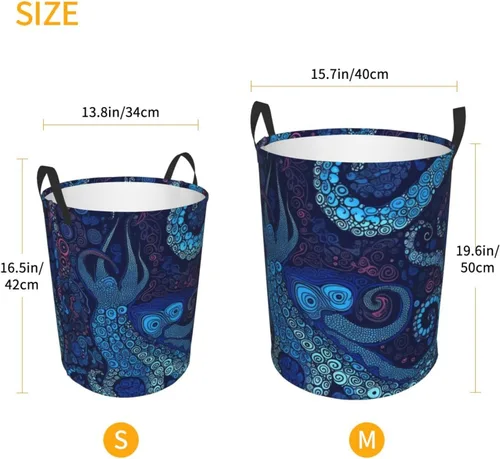 Miniatura 5 de Cesta circular con estampado de pulpo azul, impermeable, cesta organizadora de lavandería, con asas, para ropa, juguetes, pequeña