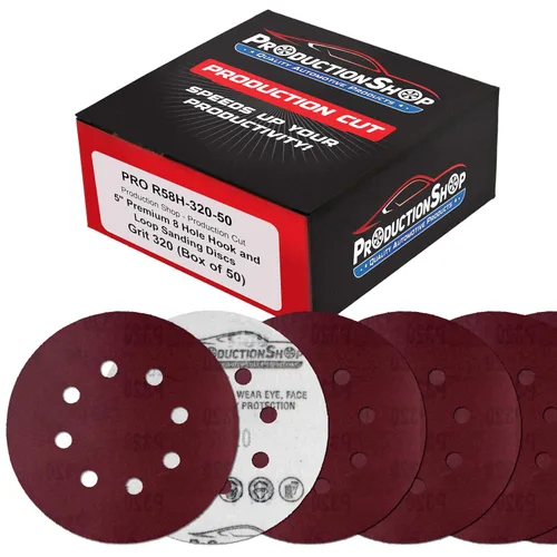Miniatura 13 de ProductionShop Discos de lijado de grano 40 con patrón rojo de 8 agujeros de 5 pulgadas, caja de 30, papel de lija sin polvo con respaldo de gancho