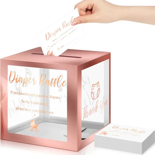 Miniatura 10 de Funrous 51 boletos para rifa de pañales con caja para invitaciones de juegos de baby shower, tarjeta de rifa de pañales para revelación de género