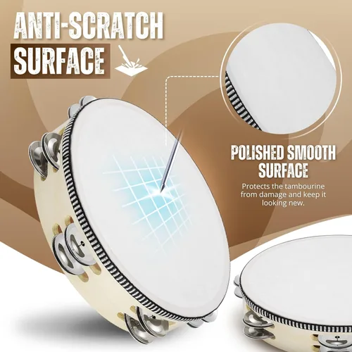 Miniatura 2 de Flexzion Pandereta redonda de madera para niños y adultos de 8" pulgadas, 8 pares de jingles de fila única, instrumento de percusión de mano de Una