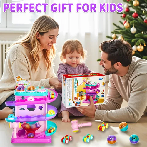 Miniatura 6 de Funwee Pista de bola rodante y coche de carreras de 2 en 1 para niños pequeños, pista de carreras con luz martillo y bola de caída, juego