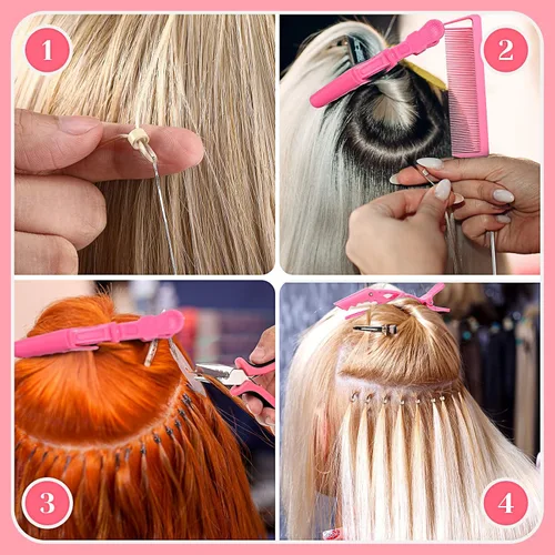 Miniatura 5 de Kit de herramientas de extensión de cabello de 16 piezas, alicates para quitar 2500 anillos de micro silicona, gancho para tirar de cuentas, aguja