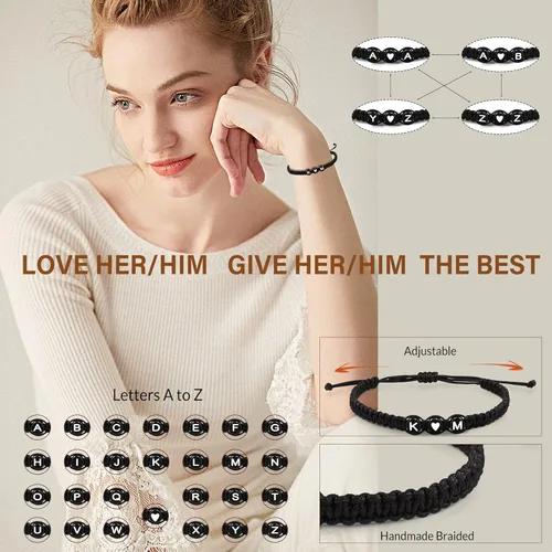 Miniatura 2 de Pulseras con iniciales para mujer, hombres, regalos para novia, novio, pulseras con letras "I Love You", regalos para ella, él, mejor amigo, regalo